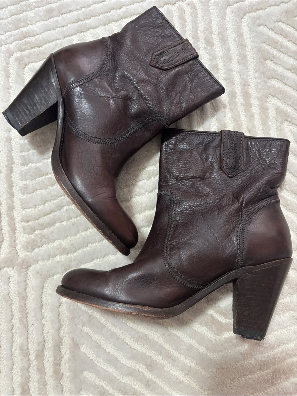 Frye Dark Brown Leather Block Heel Ankle Booties